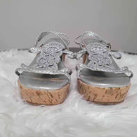 Kate Spade New York Women’s 8.5 Wedge Sandals Silver Braided Cork Heel - Picture 6 of 11